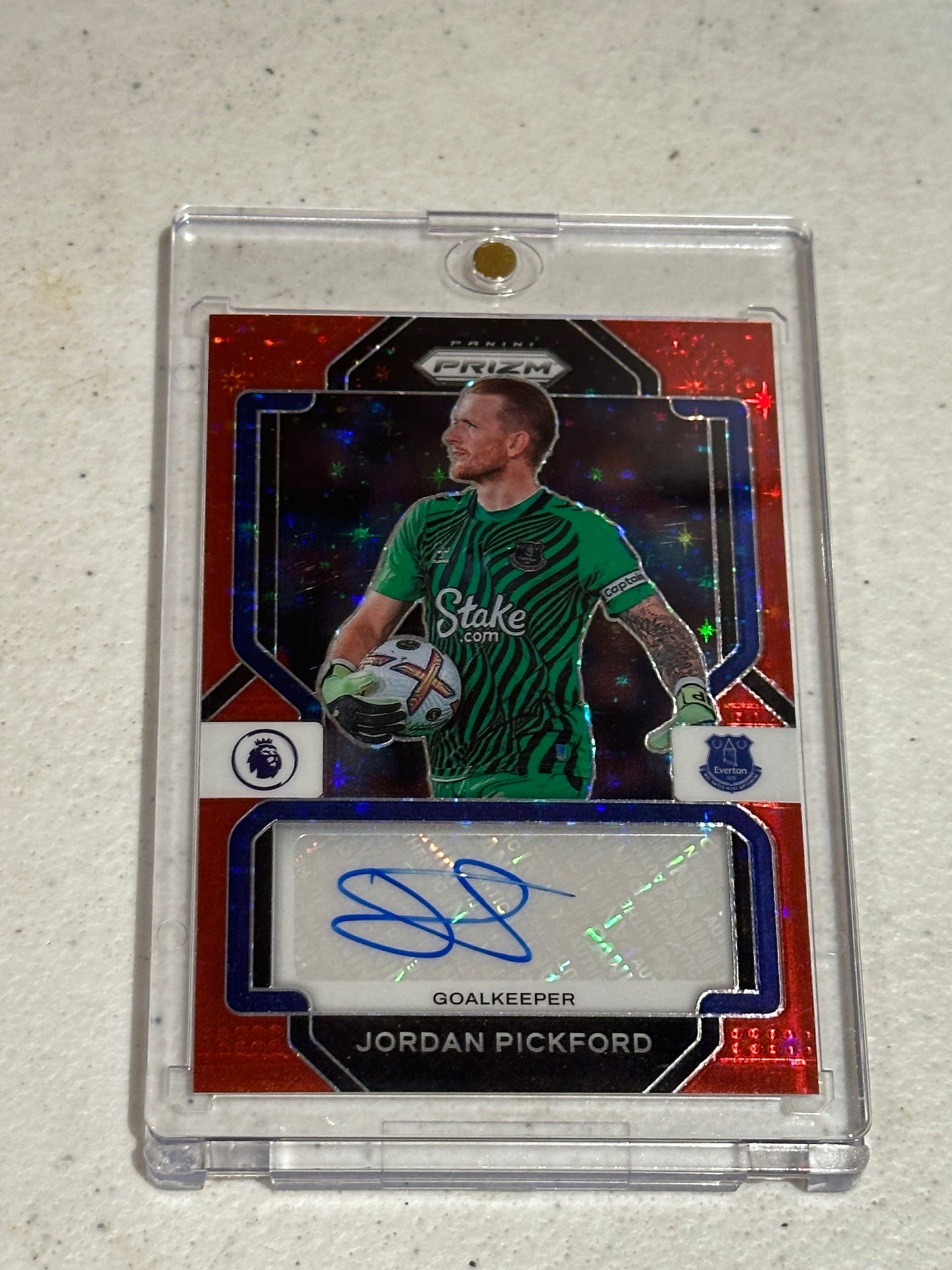 2022-23 Panini Prizm EPL JORDAN PICKFORD Auto Red Star Prizm Signatures Everton